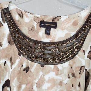 Dana Buchman Beaded Brown Camo 3/4 Sleeve Knit Tunic S  Office Date